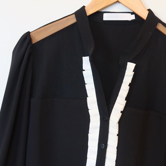 ANNE FONTAINE women top black ruffle white formal sheer button long sleeve 40 10 - Picture 2 of 13